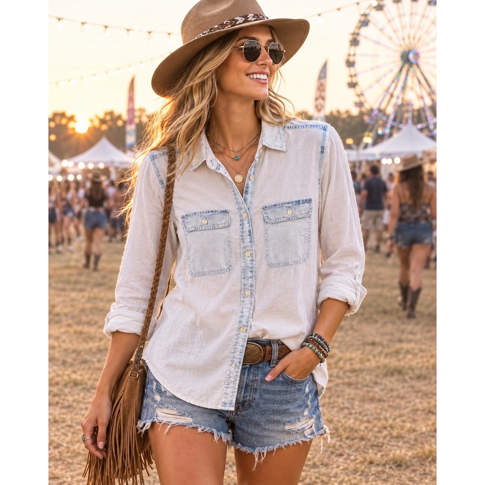 J.Crew Re-Imagined Light Wash Denim Cotton Button Down Shirt AR924 Womens 4